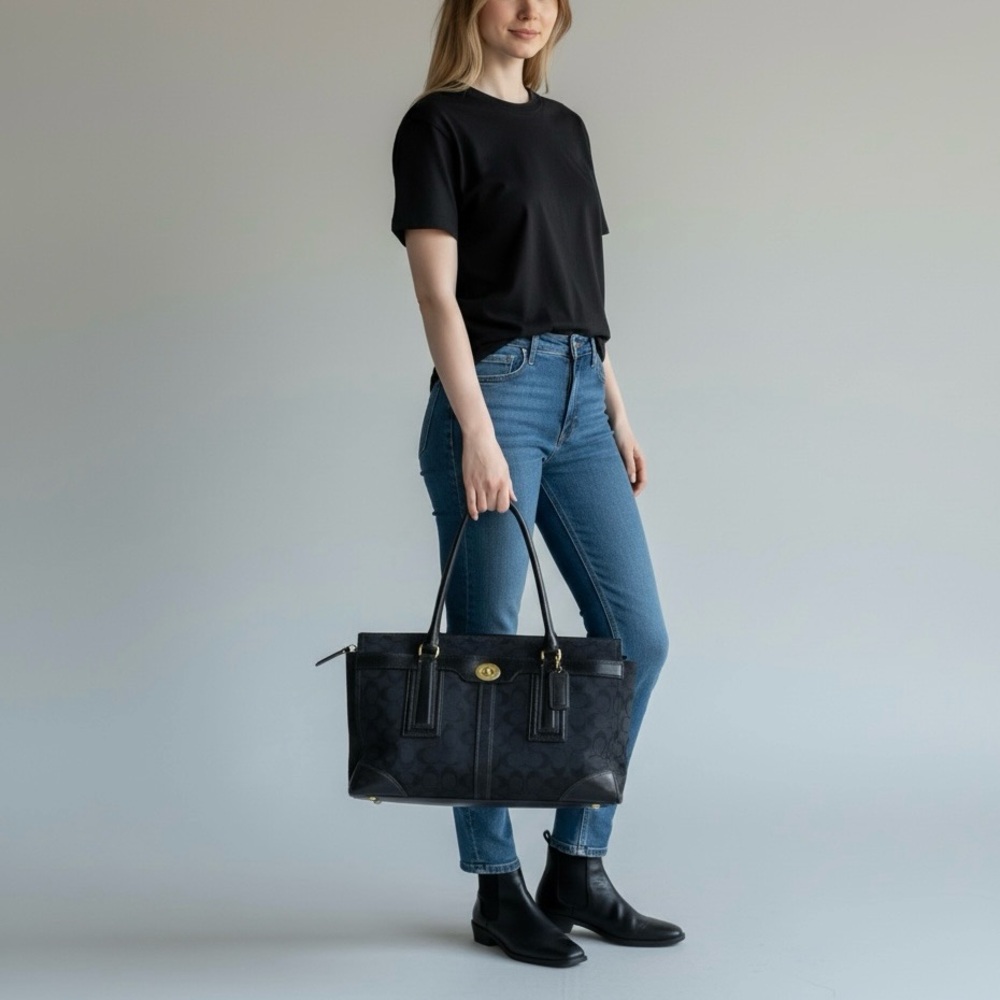 Coach Signature Hampton Black Monogram Canvas Leather Shoulder Bag Tote